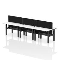 Air Back-to-Back 1200 x 600mm Height Adjustable 6 Person Office Bench Desk White Top with Cable Ports Black Frame with Black Straight Screen