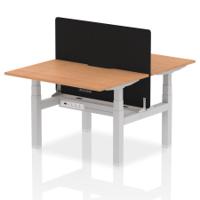 Air Back-to-Back 1200 x 800mm Height Adjustable 2 Person Office Bench Desk Oak Top with Scalloped Edge Silver Frame with Black Straight Screen