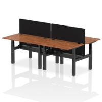Air Back-to-Back 1200 x 800mm Height Adjustable 4 Person Office Bench Desk Walnut Top with Cable Ports Black Frame with Black Straight Screen