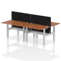 Air Back-to-Back 1200 x 800mm Height Adjustable 4 Person Office Bench Desk Walnut Top with Cable Ports Silver Frame with Black Straight Screen