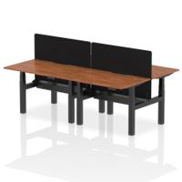 Air Back-to-Back 1200 x 800mm Height Adjustable 4 Person Office Bench Desk Walnut Top with Scalloped Edge Black Frame with Black Straight Screen