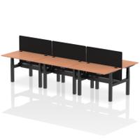 Air Back-to-Back 1200 x 800mm Height Adjustable 6 Person Office Bench Desk Beech Top with Cable Ports Black Frame with Black Straight Screen