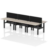 Air Back-to-Back 1200 x 800mm Height Adjustable 6 Person Office Bench Desk Grey Oak Top with Cable Ports Black Frame with Black Straight Screen
