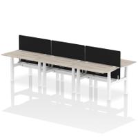 Air Back-to-Back 1200 x 800mm Height Adjustable 6 Person Office Bench Desk Grey Oak Top with Cable Ports White Frame with Black Straight Screen
