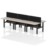 Air Back-to-Back 1200 x 800mm Height Adjustable 6 Person Office Bench Desk Grey Oak Top with Scalloped Edge Black Frame with Black Straight Screen