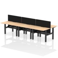 Air Back-to-Back 1200 x 800mm Height Adjustable 6 Person Office Bench Desk Maple Top with Scalloped Edge Black Frame with Black Straight Screen