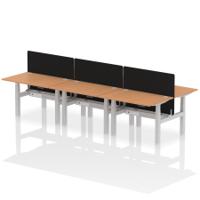 Air Back-to-Back 1200 x 800mm Height Adjustable 6 Person Office Bench Desk Oak Top with Cable Ports Silver Frame with Black Straight Screen
