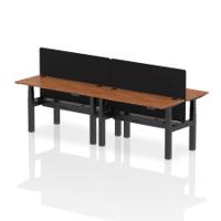 Air Back-to-Back 1400 x 600mm Height Adjustable 4 Person Office Bench Desk Walnut Top with Cable Ports Black Frame with Black Straight Screen