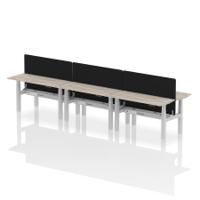 Air Back-to-Back 1400 x 600mm Height Adjustable 6 Person Office Bench Desk Grey Oak Top with Cable Ports Silver Frame with Black Straight Screen