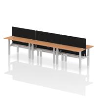 Air Back-to-Back 1400 x 600mm Height Adjustable 6 Person Office Bench Desk Oak Top with Cable Ports Silver Frame with Black Straight Screen