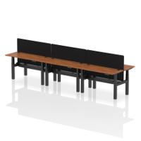 Air Back-to-Back 1400 x 600mm Height Adjustable 6 Person Office Bench Desk Walnut Top with Cable Ports Black Frame with Black Straight Screen