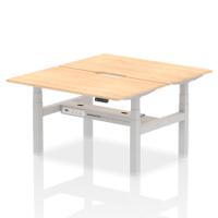 Air Back-to-Back 1400 x 800mm Height Adjustable 2 Person Office Bench Desk Maple Top with Scalloped Edge Silver Frame