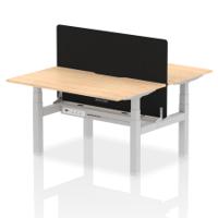 Air Back-to-Back 1400 x 800mm Height Adjustable 2 Person Office Bench Desk Maple Top with Scalloped Edge Silver Frame with Black Straight Screen