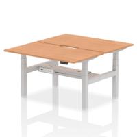 Air Back-to-Back 1400 x 800mm Height Adjustable 2 Person Office Bench Desk Oak Top with Scalloped Edge Silver Frame