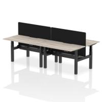 Air Back-to-Back 1400 x 800mm Height Adjustable 4 Person Office Bench Desk Grey Oak Top with Scalloped Edge Black Frame with Black Straight Screen