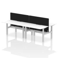 Air Back-to-Back 1400 x 800mm Height Adjustable 4 Person Office Bench Desk White Top with Scalloped Edge Silver Frame with Black Straight Screen