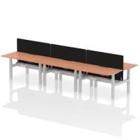 Air Back-to-Back 1400 x 800mm Height Adjustable 6 Person Office Bench Desk Beech Top with Scalloped Edge Silver Frame with Black Straight Screen