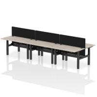 Air Back-to-Back 1400 x 800mm Height Adjustable 6 Person Office Bench Desk Grey Oak Top with Cable Ports Black Frame with Black Straight Screen