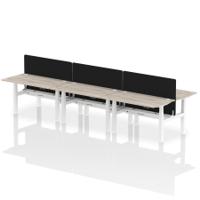 Air Back-to-Back 1400 x 800mm Height Adjustable 6 Person Office Bench Desk Grey Oak Top with Cable Ports White Frame with Black Straight Screen