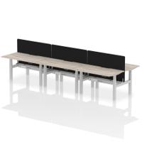 Air Back-to-Back 1400 x 800mm Height Adjustable 6 Person Office Bench Desk Grey Oak Top with Scalloped Edge Silver Frame with Black Straight Screen