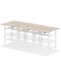 Air Back-to-Back 1400 x 800mm Height Adjustable 6 Person Office Bench Desk Grey Oak Top with Scalloped Edge White Frame