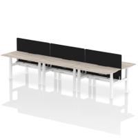 Air Back-to-Back 1400 x 800mm Height Adjustable 6 Person Office Bench Desk Grey Oak Top with Scalloped Edge White Frame with Black Straight Screen