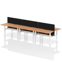 Air Back-to-Back 1400 x 800mm Height Adjustable 6 Person Office Bench Desk Oak Top with Scalloped Edge White Frame with Black Straight Screen