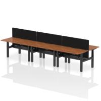 Air Back-to-Back 1400 x 800mm Height Adjustable 6 Person Office Bench Desk Walnut Top with Scalloped Edge Black Frame with Black Straight Screen
