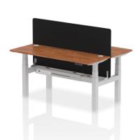 Air Back-to-Back 1600 x 600mm Height Adjustable 2 Person Office Bench Desk Walnut Top with Cable Ports Silver Frame with Black Straight Screen