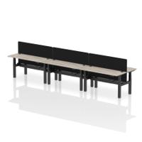 Air Back-to-Back 1600 x 600mm Height Adjustable 6 Person Office Bench Desk Grey Oak Top with Cable Ports Black Frame with Black Straight Screen