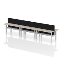 Air Back-to-Back 1600 x 600mm Height Adjustable 6 Person Office Bench Desk Grey Oak Top with Cable Ports Silver Frame with Black Straight Screen