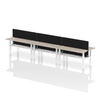 Air Back-to-Back 1600 x 600mm Height Adjustable 6 Person Office Bench Desk Grey Oak Top with Cable Ports White Frame with Black Straight Screen
