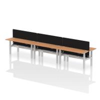 Air Back-to-Back 1600 x 600mm Height Adjustable 6 Person Office Bench Desk Oak Top with Cable Ports Silver Frame with Black Straight Screen