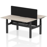 Air Back-to-Back 1600 x 800mm Height Adjustable 2 Person Office Bench Desk Grey Oak Top with Scalloped Edge Black Frame with Black Straight Screen