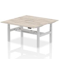 Air Back-to-Back 1600 x 800mm Height Adjustable 2 Person Office Bench Desk Grey Oak Top with Scalloped Edge Silver Frame
