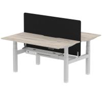 Air Back-to-Back 1600 x 800mm Height Adjustable 2 Person Office Bench Desk Grey Oak Top with Scalloped Edge Silver Frame with Black Straight Screen