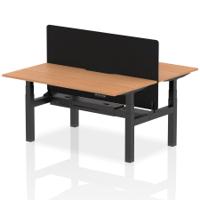 Air Back-to-Back 1600 x 800mm Height Adjustable 2 Person Office Bench Desk Oak Top with Scalloped Edge Black Frame with Black Straight Screen