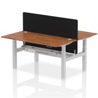 Air Back-to-Back 1600 x 800mm Height Adjustable 2 Person Office Bench Desk Walnut Top with Cable Ports Silver Frame with Black Straight Screen