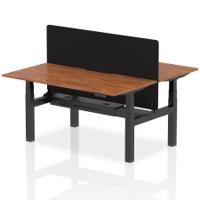 Air Back-to-Back 1600 x 800mm Height Adjustable 2 Person Office Bench Desk Walnut Top with Scalloped Edge Black Frame with Black Straight Screen