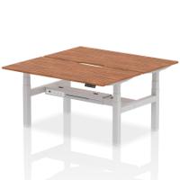 Air Back-to-Back 1600 x 800mm Height Adjustable 2 Person Office Bench Desk Walnut Top with Scalloped Edge Silver Frame
