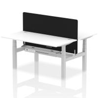 Air Back-to-Back 1600 x 800mm Height Adjustable 2 Person Office Bench Desk White Top with Cable Ports Silver Frame with Black Straight Screen