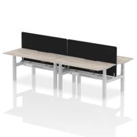Air Back-to-Back 1600 x 800mm Height Adjustable 4 Person Office Bench Desk Grey Oak Top with Scalloped Edge Silver Frame with Black Straight Screen