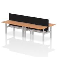 Air Back-to-Back 1600 x 800mm Height Adjustable 4 Person Office Bench Desk Oak Top with Scalloped Edge Silver Frame with Black Straight Screen