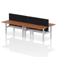 Air Back-to-Back 1600 x 800mm Height Adjustable 4 Person Office Bench Desk Walnut Top with Scalloped Edge Silver Frame with Black Straight Screen