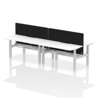 Air Back-to-Back 1600 x 800mm Height Adjustable 4 Person Office Bench Desk White Top with Scalloped Edge Silver Frame with Black Straight Screen