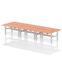 Air Back-to-Back 1600 x 800mm Height Adjustable 6 Person Office Bench Desk Beech Top with Scalloped Edge Silver Frame