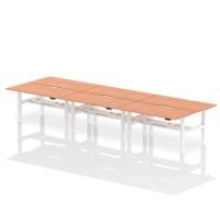 Air Back-to-Back 1600 x 800mm Height Adjustable 6 Person Office Bench Desk Beech Top with Scalloped Edge White Frame