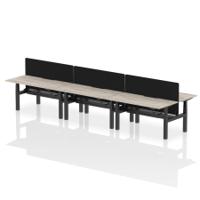 Air Back-to-Back 1600 x 800mm Height Adjustable 6 Person Office Bench Desk Grey Oak Top with Scalloped Edge Black Frame with Black Straight Screen