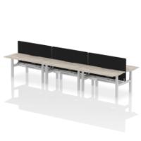 Air Back-to-Back 1600 x 800mm Height Adjustable 6 Person Office Bench Desk Grey Oak Top with Scalloped Edge Silver Frame with Black Straight Screen