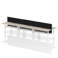 Air Back-to-Back 1600 x 800mm Height Adjustable 6 Person Office Bench Desk Grey Oak Top with Scalloped Edge White Frame with Black Straight Screen